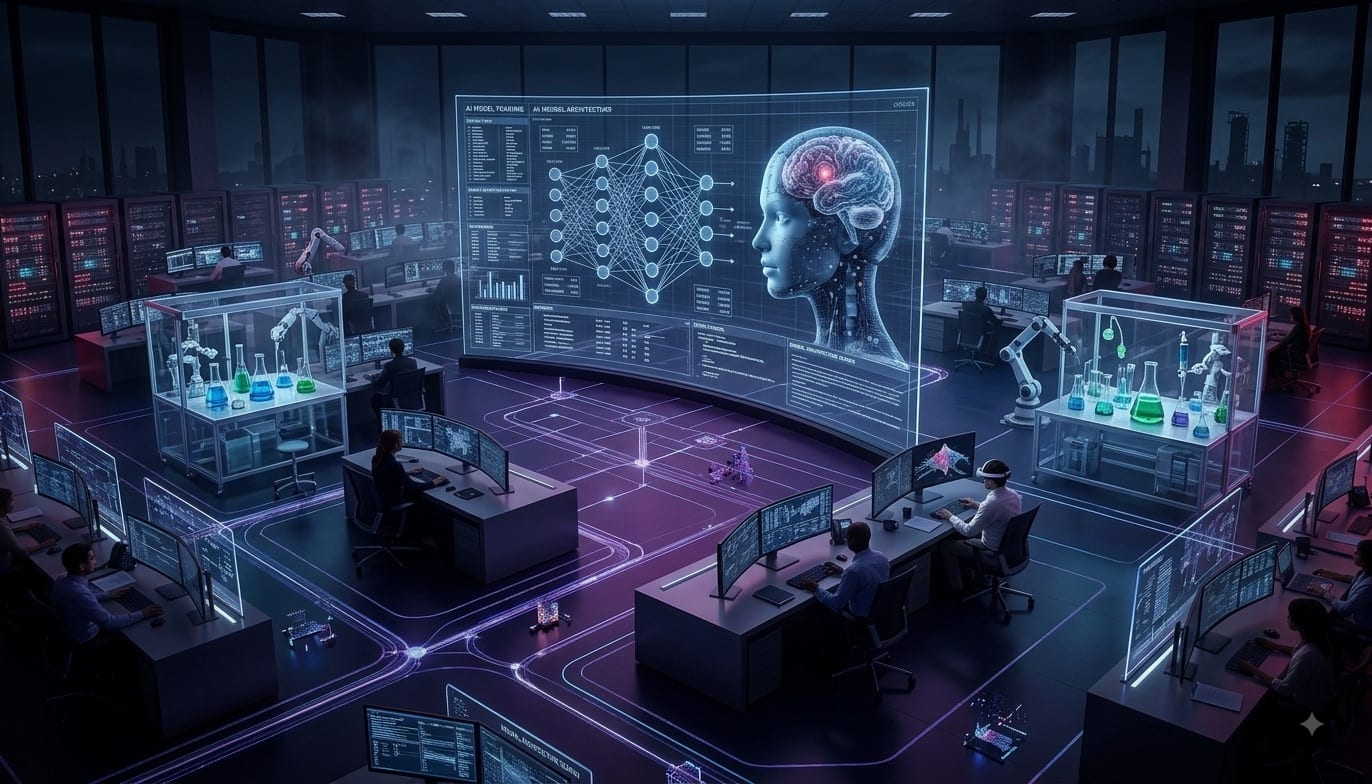 An operations room of analysts at workstations in front of a large wall display of interconnected data.