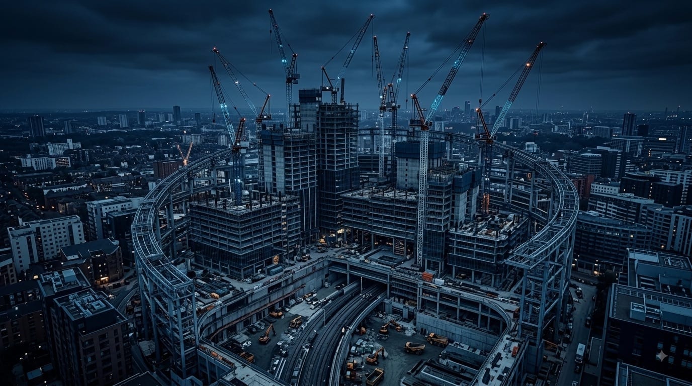 A dense multi-crane construction site at dusk seen from above, several towers rising at once.