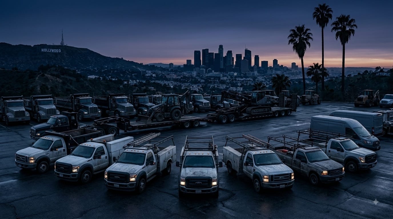 A contractor's fleet of service trucks and trailered equipment parked at dusk.