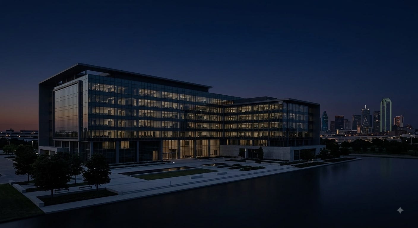 A modern commercial office building lit at twilight with the Dallas skyline behind it.