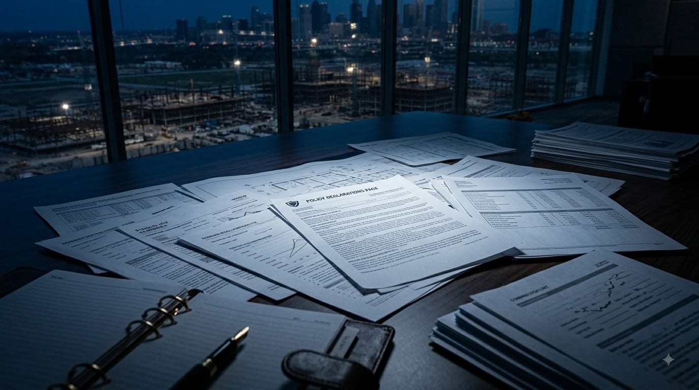 Commercial insurance documents including a policy declarations page spread across a desk under a task light.