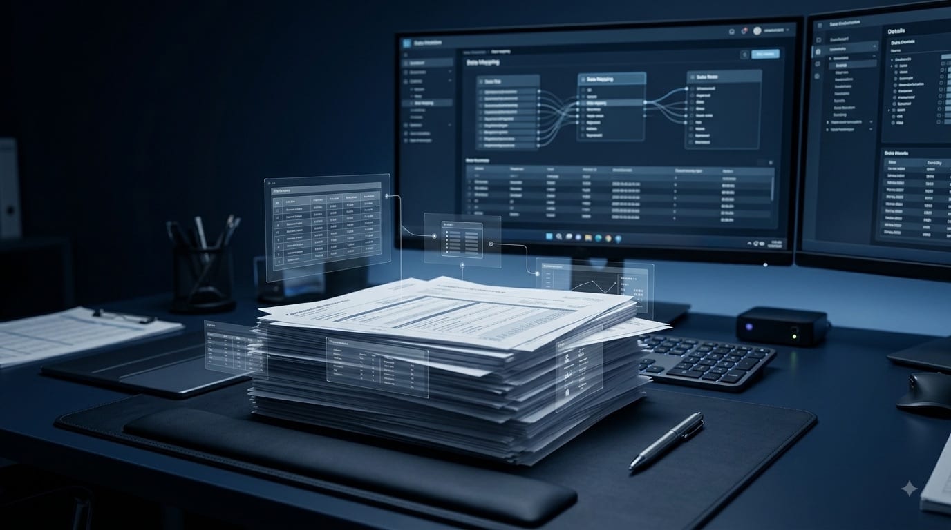 A stack of insurance documents on a desk with extracted fields rendered as overlays beside a data-mapping screen.