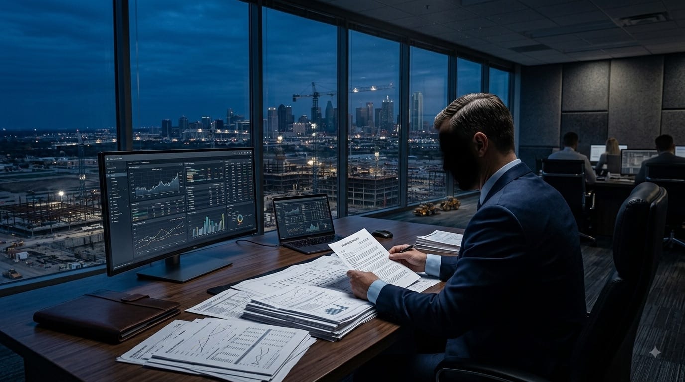 A construction company executive at a desk reviewing a policy document against analytics on screen, a lit jobsite visible through the window.