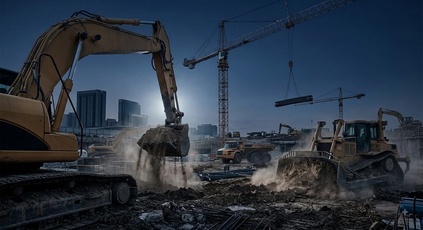 An excavator and a dozer working a construction site, cranes and city skyline behind.