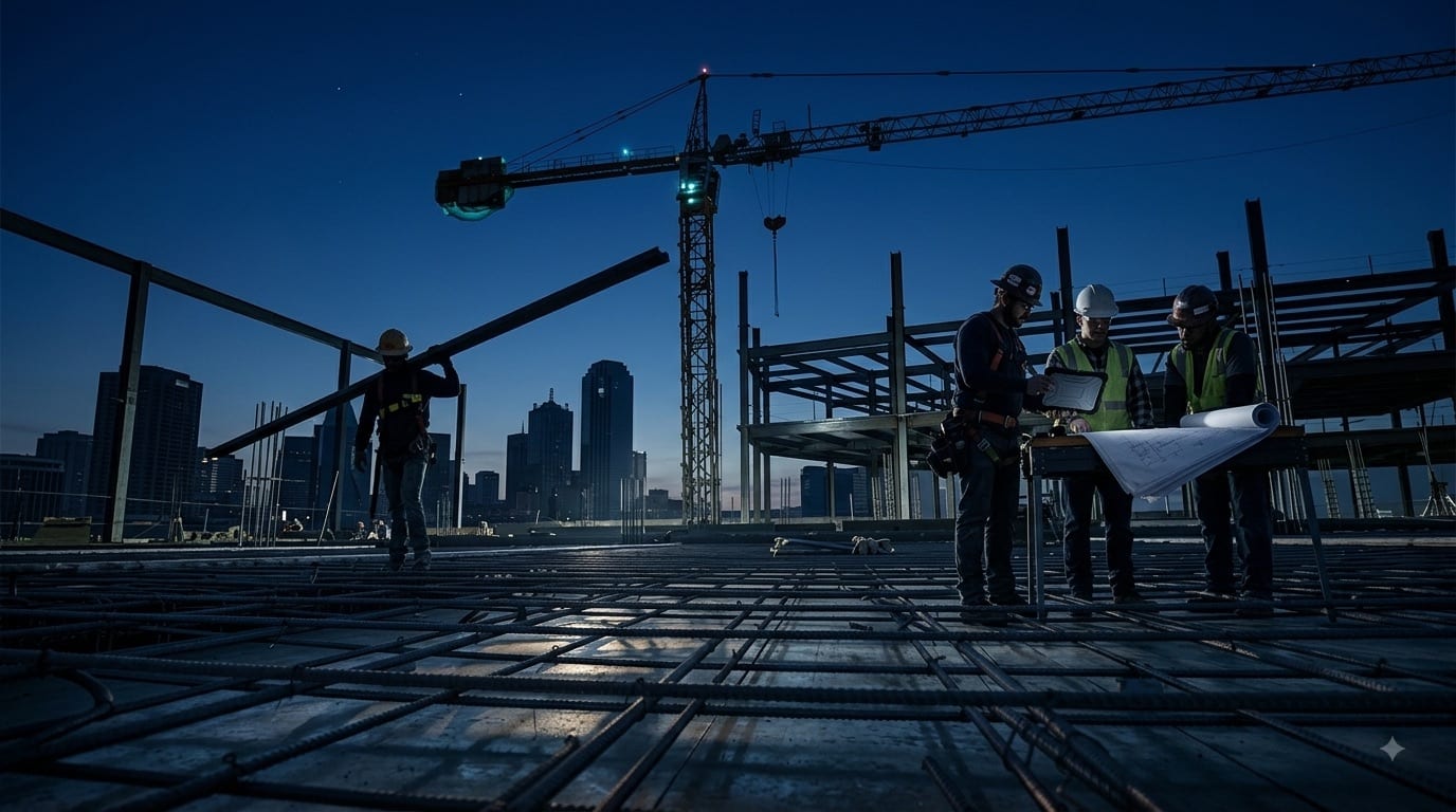 Construction crew reviewing drawings on a rebar deck at dusk, cranes and the Dallas skyline behind them.