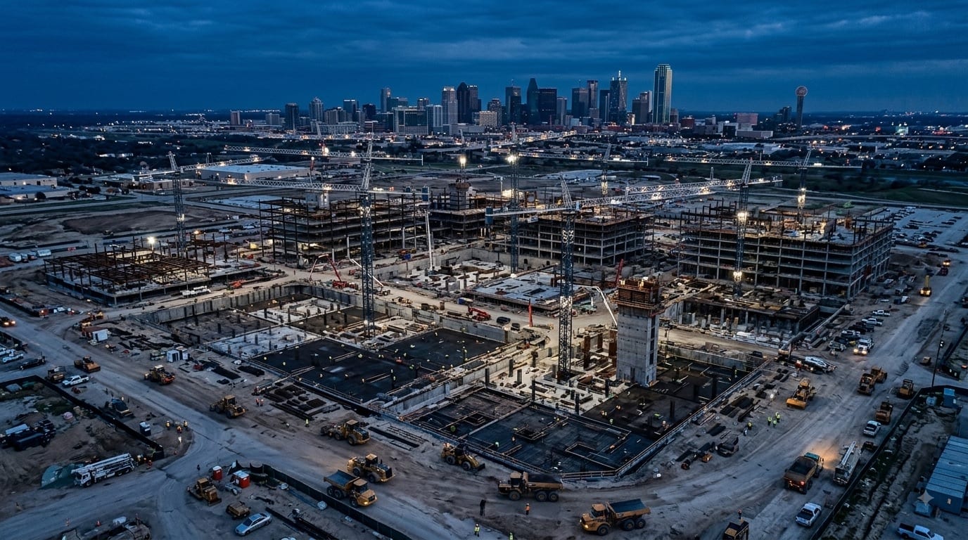 Aerial view of a very large multi-crane construction project at blue hour with the Dallas skyline behind.