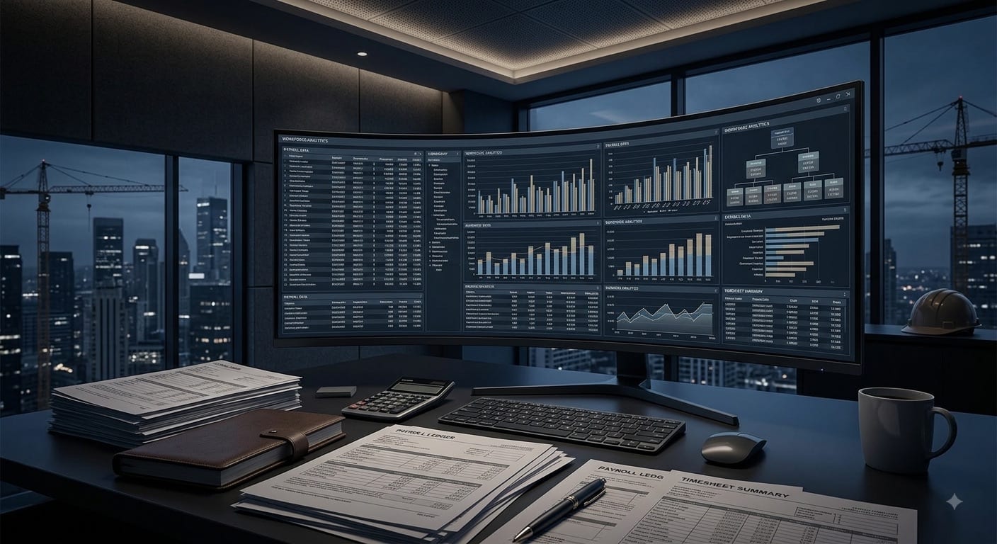 A payroll ledger and timesheet summary on a desk beside a workforce analytics dashboard.