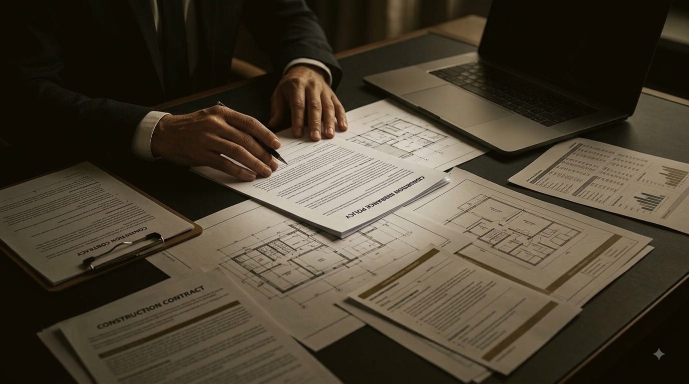 A construction insurance policy and a construction contract laid out on a desk beside drawings.