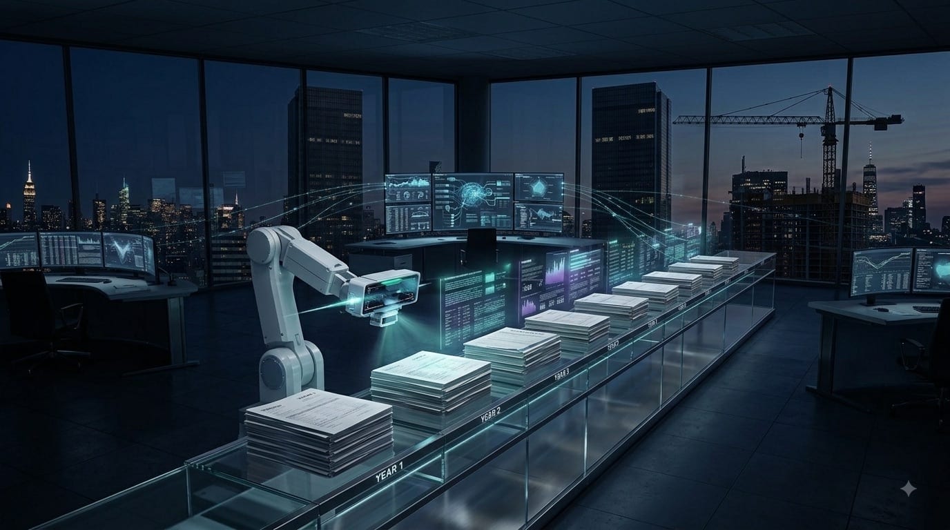 Stacks of policy documents labelled by year moving along a conveyor past an automated reader.