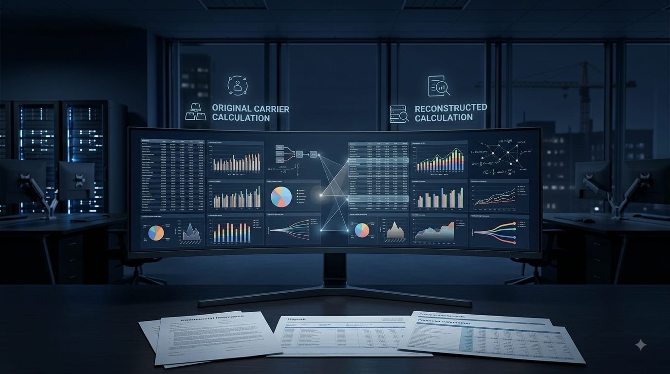 A wide display showing an original carrier calculation beside an independently reconstructed one, with source records on the desk in front of it.