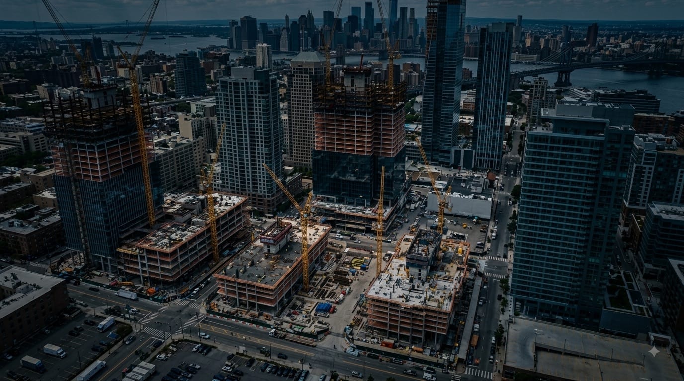 Aerial view of several commercial towers under construction across a dense city block.