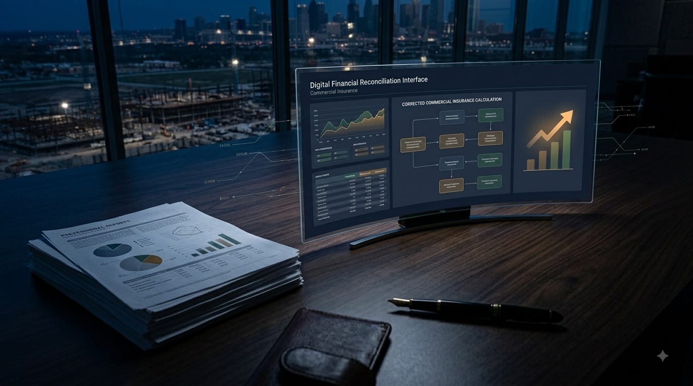 A financial reconciliation interface for commercial insurance on a desk display, with printed reports beside it.
