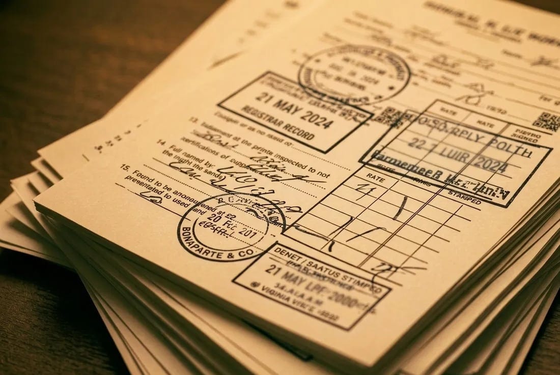 A stack of stamped and countersigned policy paperwork on a desk.