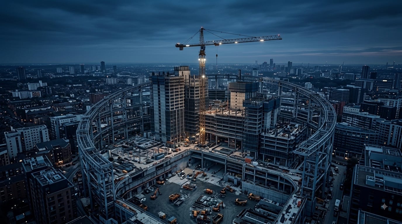 A building under construction with its structural frame exposed, crane overhead, city beyond.