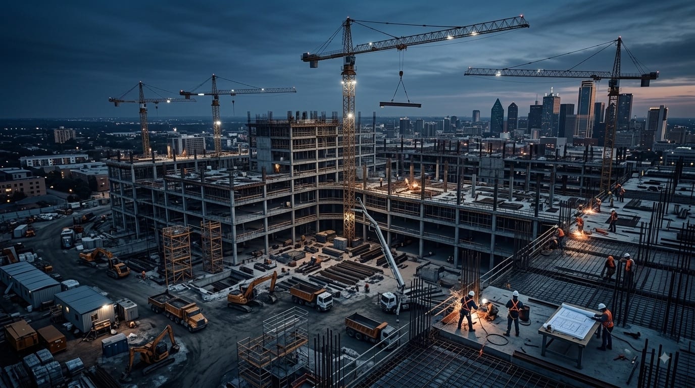 A large multi-crane commercial tower project under construction at dusk.