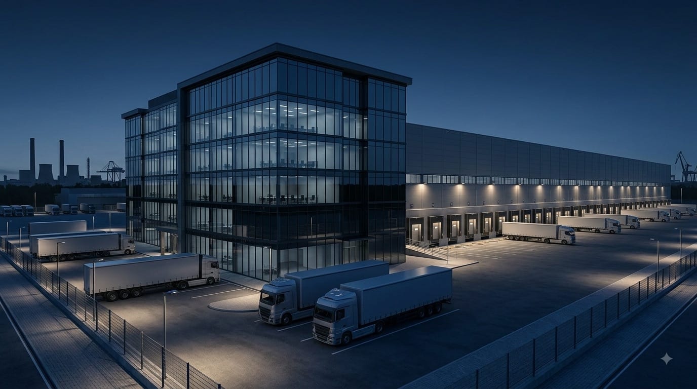 A large distribution warehouse with lit loading docks and trailers at dusk.